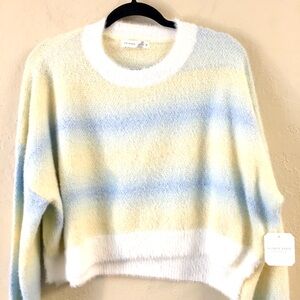 Altar’d State Cropped Oversized Fuzzy Sweater Medium Yellow Cozy Stripped